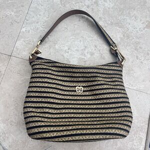 Eric Javits Leather & Straw Tote Shoulder Bag Natural Navy Stripe Boho Preppy